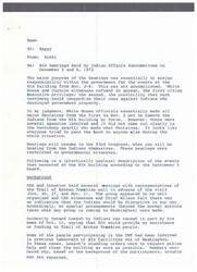 ["The memo discusses the BIA hearings held by the Indian Affairs Subcommittee on December 5 and 6, 1972. It highlights the lack of clear responsibility within the government for the events at the BIA building from Nov. 2-8. White House and Justice witnesses refused to appear, citing reasons related to Executive privilege and potential harm to their case against Indians who destroyed government property. The memo also outlines the events at the BIA building, including the takeover, the decision not to remove the Indians by force, and the subsequent negotiations and decisions made by various agencies. It concludes with the decision to provide travel funds for the Indians to return home, to avoid violence and damage to the BIA building."]