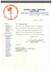 ["The National Tribal Chairmen's Association is an organization of elected or appointed chairmen of Indian reservations and federally recognized tribes, established to serve as the official voice of Indian leaders. The organization aims to provide meaningful consultation, direct federal programs and funds, approve Indian policies, demand fair treatment for Indians, and protect treaty rights and relationships among Indian reservations. The association condemns the illegal entry and occupation of the Bureau of Indian Affairs building in Washington, D.C., and calls for the rebuilding of the building and the dismissal of officials responsible for its security failure. They also reject support for dissident groups claiming to represent reservation people and call for their prosecution."]