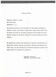 ["The Indian community, with the support of the National Congress of American Indians, has formed an Indian Impact Survey Team to assess the impact of the recent occupation and destruction of the Bureau of Indian Affairs building on Indian people and affairs. They are requesting assistance from President Richard M. Nixon in securing cooperation from federal officials and access to relevant documents to help the survey team complete its objective. Signed by Peter MacDonald, Chairman of the Impact Survey Team."]