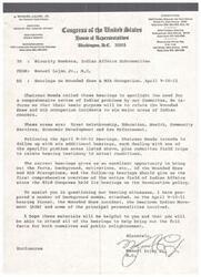 ["Manuel Lujan Jr., a member of Congress, is informing minority members of the Indian Affairs Subcommittee about upcoming hearings on the Wounded Knee and BIA occupation incidents. The hearings will focus on six major areas of Indian concern, and additional hearings will follow to address specific problems in each area. Lujan provides background information on key individuals involved in the incidents to assist in questioning witnesses during the hearings."]