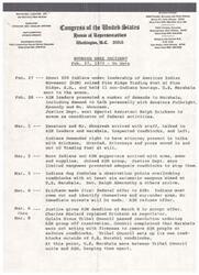 ["Manuel Lujan, Jr. is a member of the Congress of the United States representing the 1st District of New Mexico. He is part of the Interior and Insular Affairs Committee and the Joint Committee on Atomic Energy. The document also provides a detailed timeline of the Wounded Knee Incident that took place from February 27, 1973, to April 6, 1973, involving the American Indian Movement (AIM) seizing the Pine Ridge Trading Post in South Dakota. Multiple negotiations and exchanges of fire occurred before a ceasefire agreement was reached. There were also challenges with different factions of AIM claiming leadership during the negotiations."]