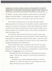 ["The National Congress of American Indians presents their position on the takeover of the Bureau of Indian Affairs building and the occupation of Wounded Knee by the American Indian Movement. They express regret and sorrow over the events, highlighting the internal conflict within the Indian community. The statement discusses the lack of self-government powers for tribal governments and the failure of the US to uphold treaty commitments. The statement also addresses the struggle for a modern identity for American Indians and the response to the crisis at Wounded Knee. The NCAI expresses gratitude to federal marshals and FBI for avoiding unnecessary violence."]