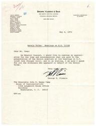 ["The letter is from George P. Vlassis, General Counsel at the law firm of Brown, Vlassis & Bain, thanking Mr. Camp for his time and consideration during hearings on H.R. 11128 (the Steiger bill) regarding the Navajo Tribe. Vlassis expresses appreciation on behalf of all Navajo Tribe witnesses who appeared at the hearings."]