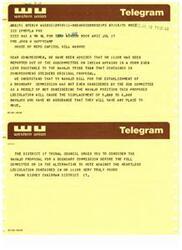 ["The document consists of a series of telegrams urging Congressmen to consider the Navajo proposal for a boundary commission before passing legislation that would displace thousands of Navajos from their land. The Navajo Tribal Council expresses concern that the proposed legislation does not provide assurances for displaced Navajos and urges Congressmen to vote against it. The telegrams highlight the long-standing issues in the joint-use area and the lack of consideration for the Navajo position in the legislative process."]