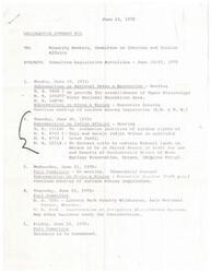 ["The document provides a summary of the legislative activities of the Committee on Interior and Insular Affairs for the week of June 19-23, 1972. This includes hearings and executive sessions on various bills related to national parks, recreation areas, mining, Indian affairs, federal lands, and construction projects. The schedule for the week includes discussions on surface mining legislation, partition of surface rights for Indian tribes, and the establishment of national recreation areas and wilderness areas."]