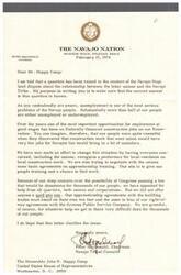 ["The chairman of the Navajo Tribal Council writes to clarify the relationship between labor unions and the Navajo Tribe in the context of the Navajo-Hopi land dispute. He explains that the tribe is working to prioritize local residents for construction jobs and negotiate apprenticeship training agreements with unions to address the issue of high unemployment among the Navajo people. The chairman also mentions seeking help from unions and corporations to prevent Congress from passing a law that would harm the tribe, emphasizing that any agreements made must stand on their own merit."]