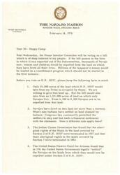 ["The Chairman of the Navajo Tribal Council is writing to Mr. Happy Camp to urge him to consider the impact of a bill that would expel thousands of Navajos from their land. The letter outlines the history of the land and the legal disputes surrounding it, and proposes a compromise solution that would be fair to both Navajos and Hopis. The Chairman emphasizes the importance of finding a humane and cost-effective solution to the issue."]