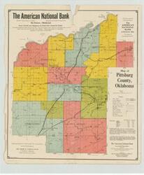["A color map of Pittsburg County, Oklahoma (1925), featuring state roads, county highways, bridges, townships, railroads, rivers, schools, post offices, town populations, and economic information. Produced by McAlester Engineering Company for American National Bank of McAlester. Dimensions: 18 3/4 x 22."]