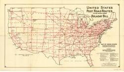 ["The map titled United States Post Road Routes To Be Paved For Holaday Bill covers the period from 1915 to 1949. Dimensions: 16 x 27 3/4."]