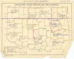 ["This outline map of the State of Oklahoma, from 1915-1949, shows districts of school land adjusters. Dimensions: 8 1/2 x 11."]