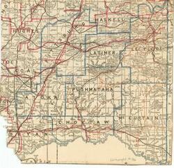 ["The Partial Map of Southeastern Oklahoma, dating from 1915-1949, shows the outline of counties. Dimensions: 9 3/4 x 10 1/4."]