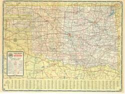 ["Oklahoma Road Map  This road map of Oklahoma, produced by Cities Service Oil Company in 1940, includes a map of the United States on the verso with brief descriptions of select national monuments and parks. Dimensions: 19 3/4 x 26 1/2."]