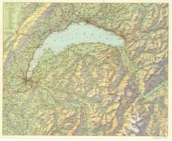 ["Lake of Geneva map shows ports, towns, and castles visited in January 1938. Dimensions: 16 1/2 x 20 1/2."]