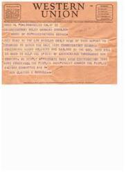 ["The document provides information on symbols used in Western Union telegrams, including DL for Day Letter and NL for Night Letter. It also includes a message from a church committee praising Congresswoman Helen Gahagan Douglas for her supportive remarks on Negro soldiers and sailors in the war. The document ends with a note inviting suggestions from customers on the company's service."]