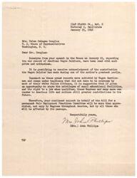 ["The document is addressed to Mrs. Helen Gahagan Douglas, a U.S. House Representative, praising her speech on the war record of American Negro Soldiers. The writer expresses gratitude for recognizing the contributions of black soldiers and urges continued support for a bill for a permanent Fair Employment Practices Committee to ensure equal opportunities for all citizens."]