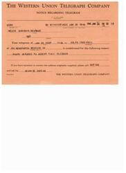 ["The Western Union Telegraph Company sent a notice regarding an undelivered telegram to Helen Gahagan Douglas on January 28, 1946. The telegram was addressed to Ralph Ingersoll at a newspaper in New York City, but was refused by the party. The recipient was advised to call the service bureau to correct the address."]