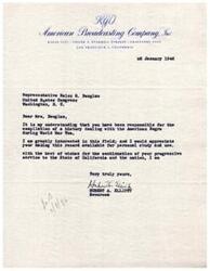 ["Hubert A. Elliott, from the American Broadcasting Company, requests a copy of Representative Helen G. Douglas' history on African Americans during World War Two for personal study and use. He expresses interest in the topic and wishes her well in her service to California and the nation."]