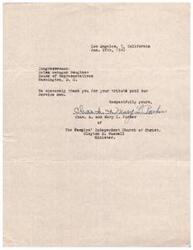 ["The document is a thank you note to Congresswoman Helen Gahagan Douglass for her tribute to the service men. It is signed by Chas A and Mary L Parker of The Peoples' Independent Church of Christ, with Clayton D. Russell as the minister."]