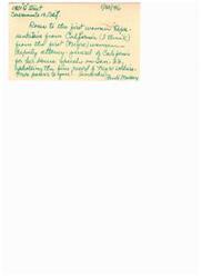 ["The document is a note congratulating the first woman representative from California for her speech supporting the record of African American soldiers, written by the first African American woman deputy attorney-general of California. It is signed by Pauli missay."]