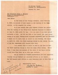 ["Charles H. Dubra, chaplain of the Ninety-sixth Engineer Regiment, writes to Honorable Helen G. Douglas to correct the record regarding the landing of American troops in New Guinea in 1942. He expresses appreciation for her support of the Negro soldier and efforts to make democracy a reality in the United States."]