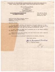 ["The document is a letter written by Rev. C. Townsend Jucker to Representative Helen Gahagan Douglas, expressing his dedication to understanding those who were found, came, or were brought to America. He also mentions his opposition to the F.E.P.C. Bill and his support for Douglas, as well as his organization's move to Denver, Colorado."]