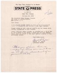 ["The document is written by Samuel S. Taylor, an associate editor of the Arkansas State Press, to Helen Gahagan Douglas, praising her defense of the Negro soldier in Congress. Taylor requests copies of all issues containing her remarks and asks for a copy of Bill S101 to be sent to him."]