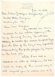 ["Madison M. Davis is writing to Philon Saharan Douglas, a member of the United States Congress, regarding an article about a record compiled by Douglas on the roles played by heroes in the last war. Davis, not a resident of California, requests a copy of the record and asks for assistance in obtaining it. Davis expresses gratitude and wishes Douglas success."]