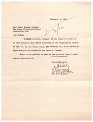 ["The author is writing to Helen Gahagan Douglas to request copies of her speech on the record of Negro devotion and heroism in the cause of freedom, published in the Congressional Record on specific dates. The author requests two copies of each speech and expresses appreciation in advance."]
