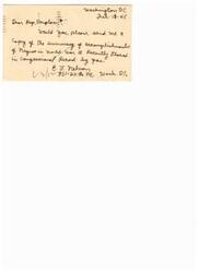 ["The document is requesting a copy of the summary of accomplishments of African American women in World War II recently placed in the Congressional Record by Representative Douglass. The sender's information is included on the card for the address."]