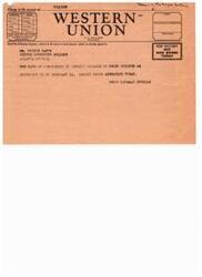 ["The document includes a telegram message from Helen Gahagan Douglas giving permission for remarks on a Negro soldier to be reprinted in a publication. The message is addressed to Victor Bakus, the editor of Morehouse College, and requests a reply and a glossy photo to be sent by airmail. The document also includes information about different classes of service for telegrams and cables, as well as the filing and receiving times for messages."]