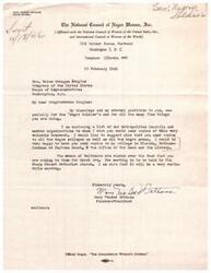 ["Mary McLeod Bethune, the Founder-President of the National Council of Negro Women, expresses her gratitude to Congresswoman Helen Gahagan Douglas for her support of the \"Negro Soldier\" and other initiatives. She requests copies of a document to be sent to various organizations and colleges, including her own college in Florida. Bethune also mentions an upcoming meeting in Baltimore that she believes will be worthwhile."]