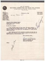 ["The Mayor's Committee on Race Relations in Chicago is thanking Representative Helen Gahagan Douglas for her report on the contribution of Negro soldiers in the war effort. They request several more copies of the report for distribution. A chaplain at Fort Benning, Georgia also praises the report and requests a copy of the Congressional Record that includes it for future reference."]
