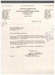 ["The document is from Samuel A. Allen, Chairman of the Harlem Committee, to Representative Helen Gahagan Douglas requesting a copy of a report on the Negro servicemen in World War II that she is preparing. Allen mentions that their center has served over two million Negro servicemen and women and would like to make the report available to them in their library and reading rooms."]