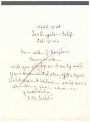 ["I.D. Fields, located in Los Angeles, California, requests information on the story of African American soldiers and sailors in World War II from Hon. Helen G. Douglass. He expresses thanks in advance."]
