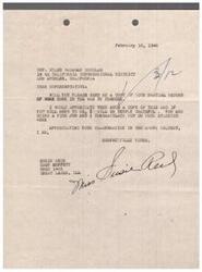 ["A letter sent to Representative Helen Gahagan Douglas on February 16, 1946, requesting a copy of the partial record of work done in the war by African Americans. The sender expresses appreciation for the representative's work and asks for cooperation in fulfilling the request."]
