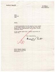 ["Andrew J. Barrett is requesting six copies of a speech about the Negro Soldier in World War Two that appeared in the Congressional Record from Helen Gahagan Douglas. If she cannot provide six copies, he would appreciate at least two."]