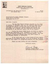 ["The document is requesting a copy of a report made by Representative Helen Gahagan Douglas about African American soldiers in the military to use as background material for a troop information program at Fort Monmouth. The program will include a film showcasing cooperation between African American and white troops in the European Theater of Operations."]