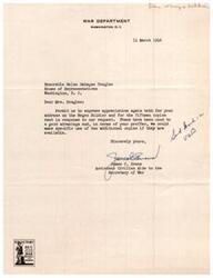 ["The War Department expresses appreciation for Helen Gahagan Douglas' address on the \"Negro\" Soldier and requests ten additional copies for specific use."]