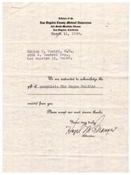 ["The Los Angeles County Medical Association acknowledges receipt of a pamphlet on The \"Negro\" Soldier from Mahlon C. Cooley, M.D. Cooley had received a copy of an address on the same topic from Congressman Helen Gahagan Douglas and had donated it to a medical library. He asks for another copy for his personal use and expresses interest in having Douglas speak at a forum."]