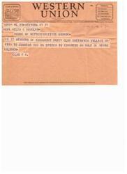 ["The document provides information about different symbols used in Western Union telegrams, such as DL for Day Letter and NL for Night Letter. The filing and receipt times are in standard time. A message is sent to Helen G Douglas from the House of Representatives commending her speech on the role of the \"Negro\" soldier. The company welcomes feedback from its customers on its services."]