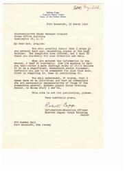 ["Robert Coppa, a Captain in the Signal Corps of the Army of the United States, wrote to Representative Helen Gahagan Douglas to thank her for sending him copies of The \"Negro\" Soldier pamphlet. He commended her for compiling and publicizing the document, and expressed his belief that it was a significant and reliable social document. Coppa emphasized that his views were his own and not representative of the commanding general of the Eastern Signal Corps Training Center. He requested that his note not be published."]