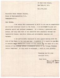 ["The document is congratulating Helen Gahagan Douglas on her record in the House of Representatives and expressing appreciation for her progressive spirit and judgment. The writer was particularly impressed by her speech on the role of African Americans in the post-war era and is requesting copies of the speech for a discussion group. The document is signed by Manning V. Isaacs."]
