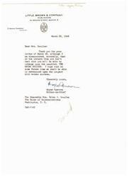 ["The editor-in-chief of Little, Brown & Company thanks Mrs. Douglas for her letter regarding the pamphlet \"The \"Negro\" Soldier,\" but expresses disappointment that she is unable to enlarge upon it at the present time. He hopes to correspond with her on the project in the future."]