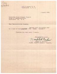 ["The author, Joseph H. Cooper, requests a copy of Representative Helen Gahagan Douglas' pamphlet \"The \"Negro\" Soldier\" in a letter dated April 9, 1946."]