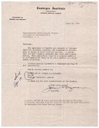 ["The Department of Records and Research at Tuskegee Institute requests a complimentary copy of a publication on \"Negro\" life and history recently published by Representative Helen Gahagan Douglas. They believe it would be a valuable addition to their records and of great service to many people."]