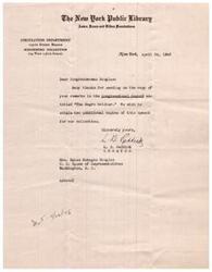 ["The New York Public Library's Schomburg Collection requested two additional copies of Congresswoman Helen Gahagan Douglas's speech on \"The \"Negro\" Soldier\" for their collection. The request was made in a letter dated April 24, 1946."]