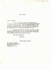 ["The document is from Helen Gahagan Douglas to Louis R. Lautier, apologizing for not sending his manuscript and explaining that it will be retyped and forwarded soon. Douglas thanks Lautier for his cooperation and assistance with \"The \"Negro\" Soldier,\" which was completed in time for \"Negro\" History Week. Lautier also requests the return of the manuscript he lent to Douglas."]