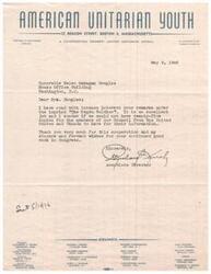 ["The document is from the American Unitarian Youth to Helen Gahagan Douglas expressing appreciation for her remarks on \"The \"Negro\" Soldier\" and requesting copies for their Council members. The document also includes a list of Council members and their positions."]