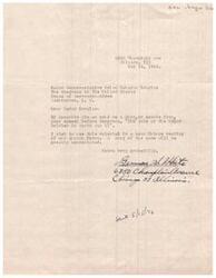 ["German A. White, located in Chicago, Illinois, is requesting a copy of Representative Helen Gahagan Douglas's speech on \"The Role of the \"Negro\" Soldier in World War II\" to use in an upcoming church forum. White expresses his gratitude in advance for any assistance in obtaining this material."]