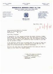 ["The document is a letter written by Milton L. Jackson, the Adjutant of Dorrence Brooks Post No. 528 Veterans of Foreign Wars, to Representative Helen G. Douglas requesting a copy of a speech she delivered about The \"Negro\" Soldier. The document expresses enthusiasm for the speech and a hope that Douglas will continue to fight for human rights."]